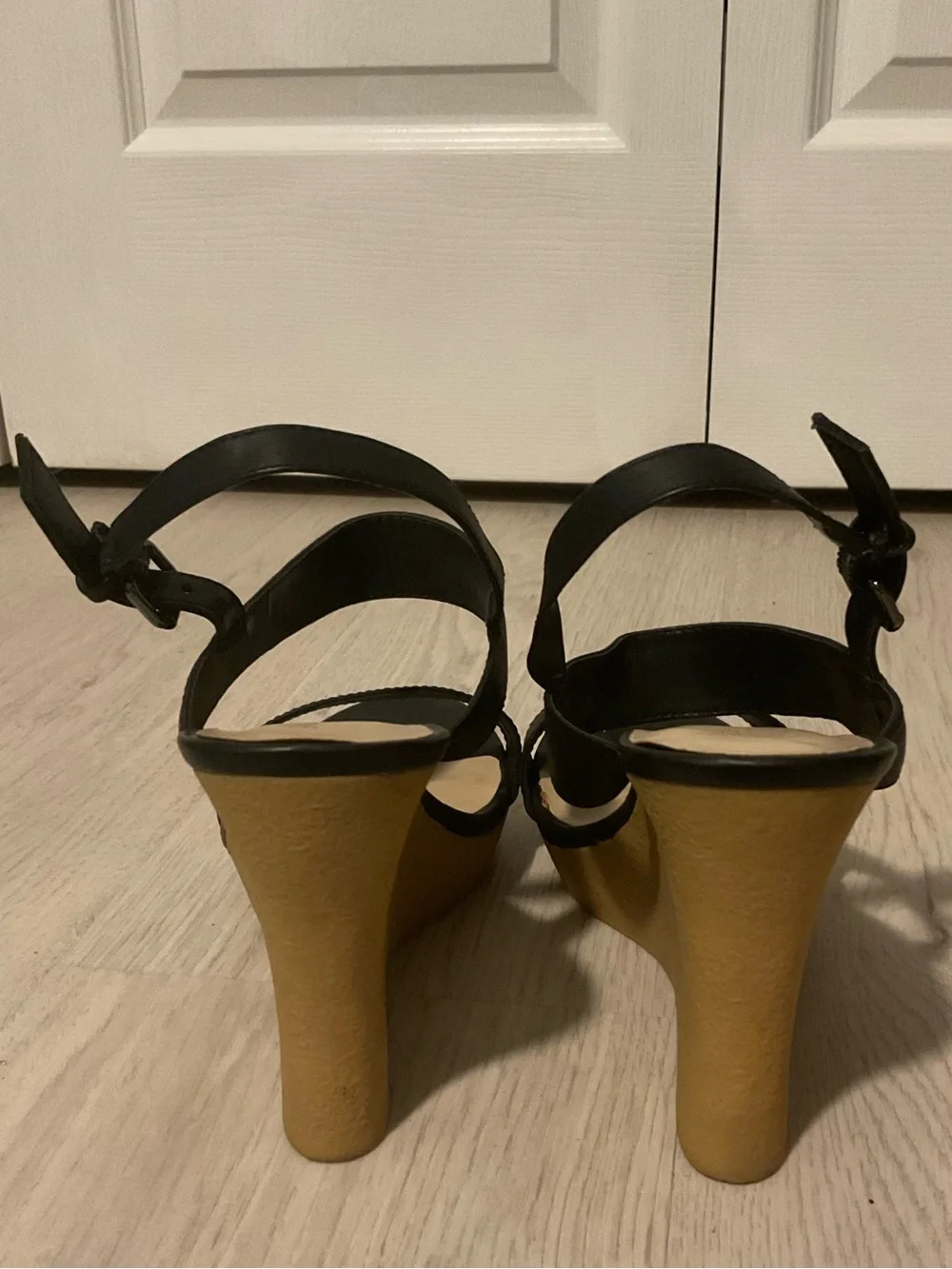 Athena Alexander Black Platform Wedge Sandals with Tan Platform